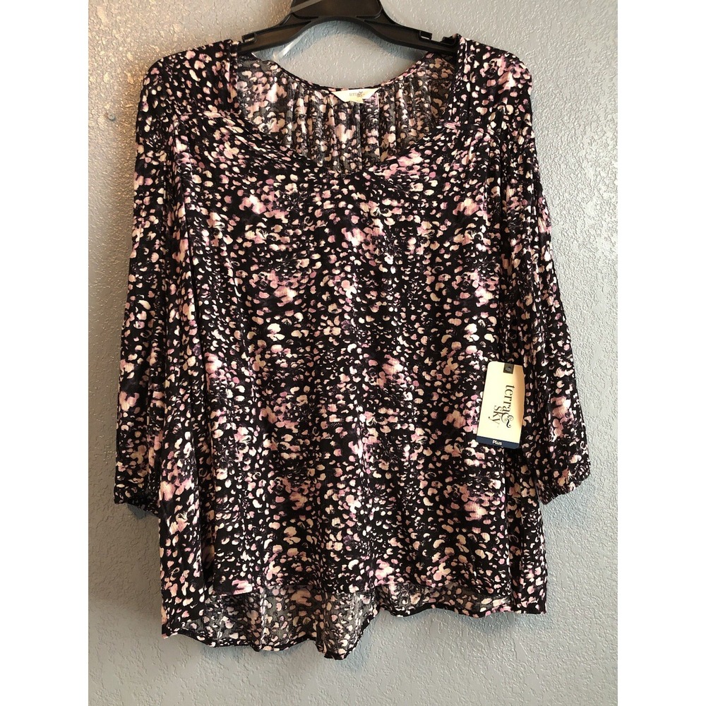 Terra & Sky Womens Tunic Top 1X Poet Sleeve Blouse Feather Dot Violet Pink Boho